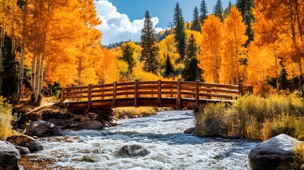 Obraz premium A rustic wooden bridge crossing a river surrounded by colorfull trees