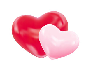 Realistic 3d pink and red Valentines Day hearts. Pair of glossy red and pink hearts representing love, romance. Vector Illustration for valentine, wedding invitation, romantic greeting card, banner