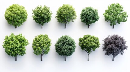 Variety of Trees Organized in Rows on White Background. Generative AI