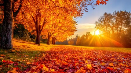 Fototapeta premium A warm sunset casting golden light over a row of trees