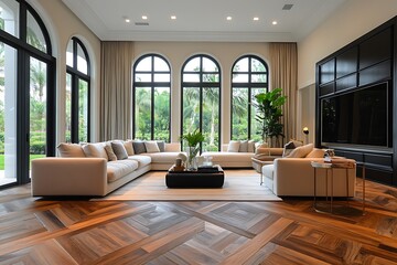 Fototapeta premium The living room's modern design presents a sumptuous dark environment, complemented by a grey armchair and a wooden chest drawer, resulting in a chic ambiance.