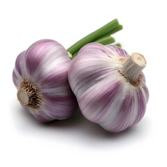 Fresh purple garlic bulbs on white background, food photography, recipe ingredient