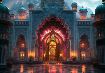Obraz premium Majestic Palace Entrance with Colorful Lights and Intricate Patterns, Framed by Mountains at Dusk