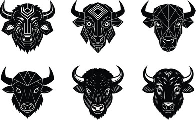  set of black and white bull vector illustration