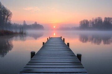 Fototapeta premium A peaceful lake, featuring crystal-clear waters that capture the vibrant sunrise, creates a stunning and tranquil scene. A soft mist wraps around the area, offering an impressive panoramic view.