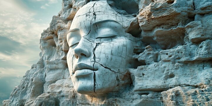 Surreal artistic composition of a woman’s serene face sculpted into cracked white stone