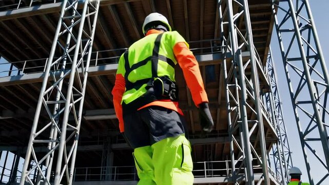 Construction workers wearing safety harnesses and helmets walk on scaffolding at a construction site, demonstrating workplace safety and progress in building construction