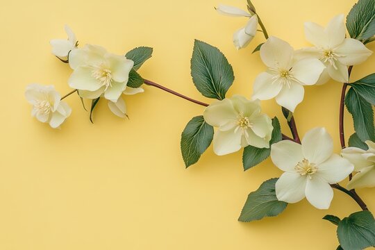 A close-up of the delicate flowers and leaves on a hellebore branch, set against a warm yellow background