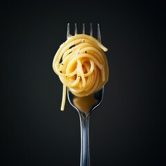 Forkful of spaghetti aglio e olio, dark background, food photography, recipe