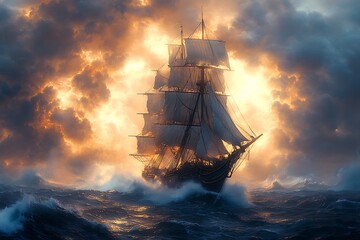 Obraz premium Majestic Sailboat Navigates a Dramatic Sunset Storm