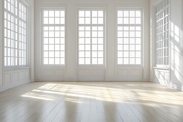 A bare room characterized by white walls, hardwood floors, and generous windows, fostering a feeling of spaciousness and the potential for creative decoration.