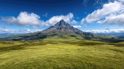 Fototapeta premium Majestic mountain peak under sunny sky, green meadow foreground, scenic landscape, travel poster