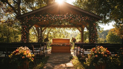 A serene outdoor memorial setting adorned with flowers and seating.