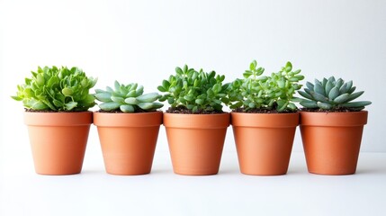 Fototapeta premium Isolated image of a set of small garden pots arranged neatly on a white surface, perfect for plant marketing or home decor.