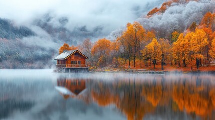 Fototapeta premium Vacation house with scenic view in Fall with colorful foliage by lake 