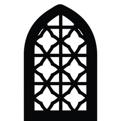 A striking silhouette of a Gothic-style arched window, featuring intricate, repeating geometric patterns, ideal for architectural design, religious imagery, or decorative elements