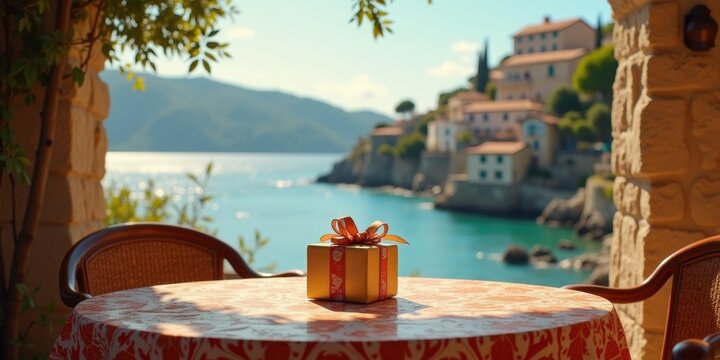 A beautifully wrapped gift sits on a table overlooking a serene coastal village, perfect for themes of celebration, travel, and hospitality.