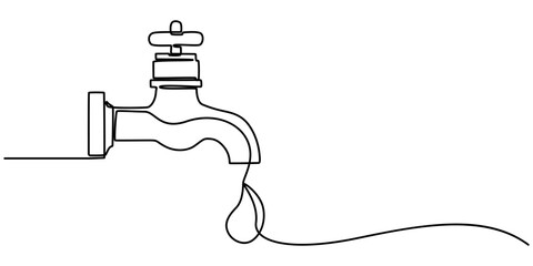 Water faucet with a drop of water one line drawn, Continuous one line drawing of water faucet. One line drawing illustration of tap water. International handwashing day concept line art. Editable pro.