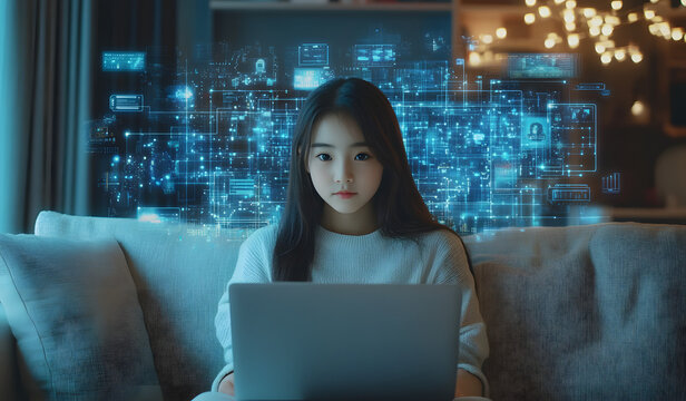 A young Asian girl is using a laptop and tablet for online learning or remote education at home, while lying on a sofa with digital icons of technology, internet network connection