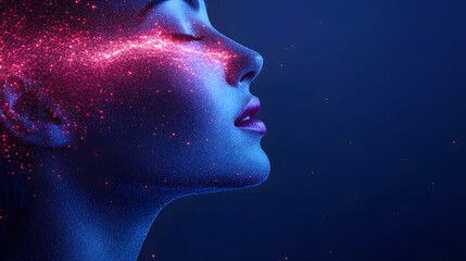 Digital human profile with an AI interface and data visualizations on a blue background, a concept of artificial intelligence, virtual reality, or digital communication