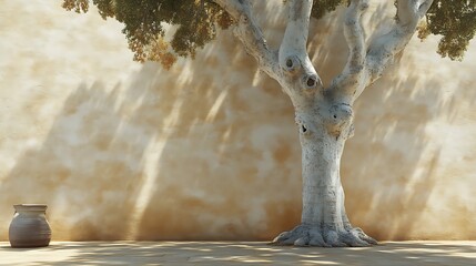 Obraz premium Ancient Tree Stands Beside Earthen Jar Against Tan Wall