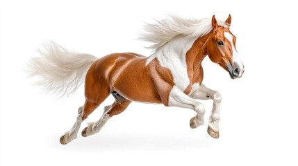 Obraz premium Elegant Pinto Horse Captured in Mid-Leap Against White. Generative AI