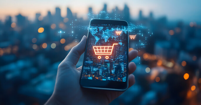 A hand holding a smartphone with a digital shopping cart icon and a world map background, representing the concept of an online market