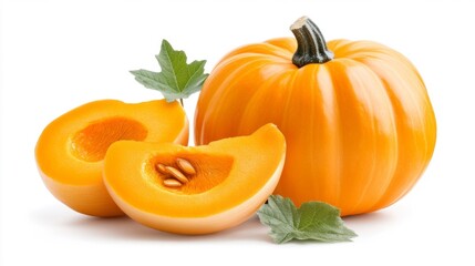 Whole and Sliced Pumpkins with Fresh Leaves Isolated. Generative AI
