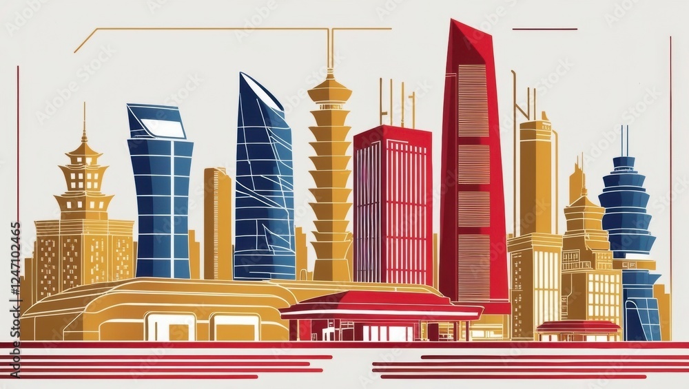 Poster an illustration of a futuristic cityscape with modern architecture and innovative structures.