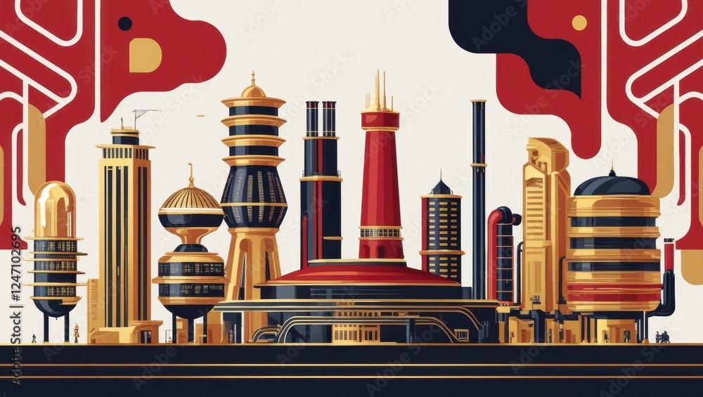 Poster a stylized and abstract depiction of a futuristic city skyline with vibrant colors and bold geometri