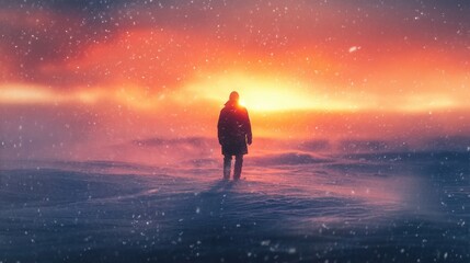 Fototapeta premium Silhouette of man on cliff enjoying sunset view in mountains 