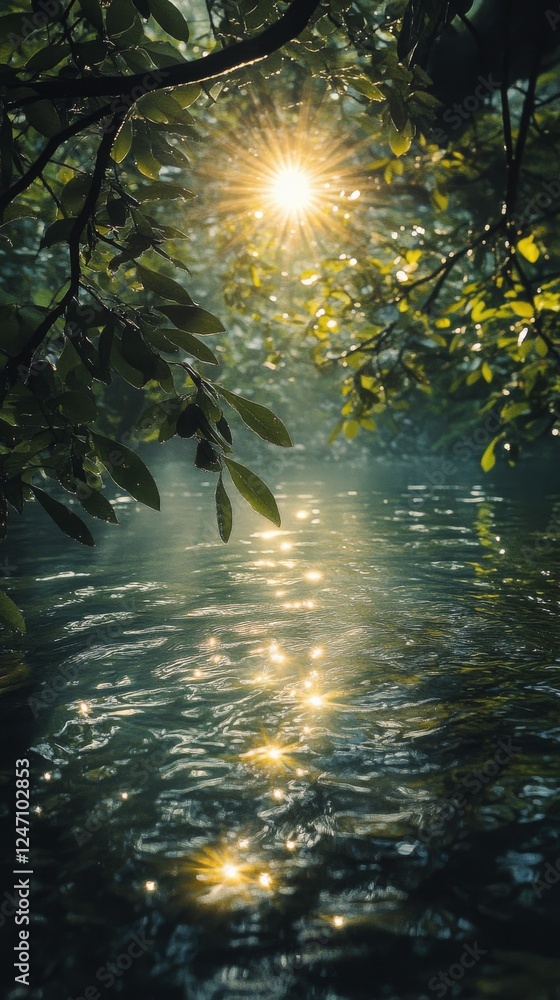 Poster sunlight filters through trees illuminating a tranquil forest lake at dawn
