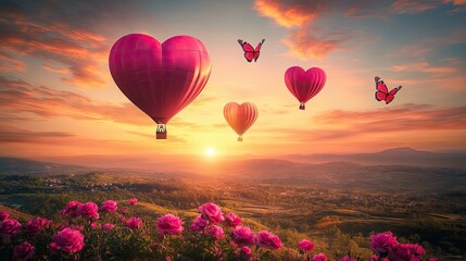 Obraz premium Heart Balloons and Butterflies in a Romantic Sunset scene