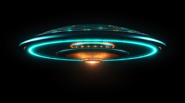 Vintage UFO Flying Saucer on Black Background - 3D Rendered Illustration of Retro Alien Spaceship with Abstract Star Lights - Powered by Adobe