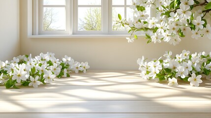 Fototapeta premium Spring blossoms adorn a light wooden surface near a window