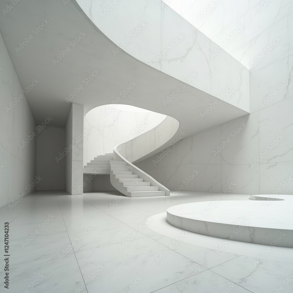 Aufkleber A Monochromatic Marble Staircase in a Modern Room with an Open Space and Circular Platform.