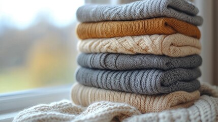 A cozy stack of knitted sweaters in warm colors by a window.