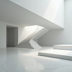 Obraz premium Empty White Room with Staircase and Marble Floor