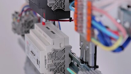 An electrical panel for the organization of electricity supply to the apartment. Close-up. Soft focus.