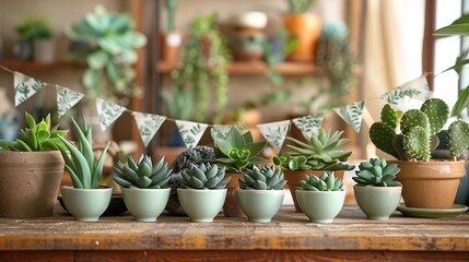 Vibrant collection of succulent plants in ceramic pots, creating a serene and inviting atmosphere in a cozy interior setting.