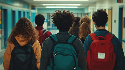 Obraz premium A group of high school students walking in the hallway, seen from behind
