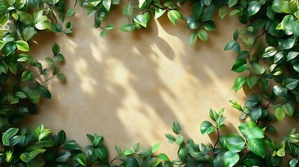 Fototapeta premium Lush Green Leaves Frame Beige Wall Background
