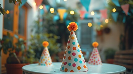 Colorful party hats with polka dots adorn a festive table, inviting joy to a cheerful outdoor celebration filled with vibrant decorations.