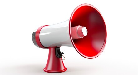 White Megaphone in Red. Isolated Three-Dimensional Bullhorn on White Background with Clipping Path for Easy Isolation