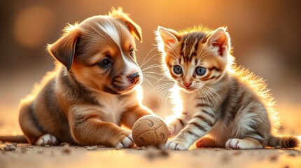 Obraz premium Adorable Puppy and Kitten Playing with Ball at Sunset
