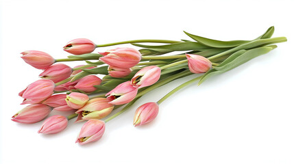 Obraz premium Beautiful pink tulips creating a diagonal composition on a pristine white backdrop, offering ample space for text or design elements