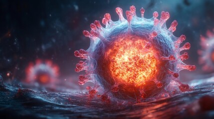 Detailed Visualization of Coronavirus Particle Under Microscope. Generative AI