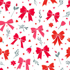 seamless pattern with red bows and flowers. Romantic cheerful background for Valentine s Day, weddings, or other celebrations of love. Endless backdrop for nursery, textile, scrapbook.