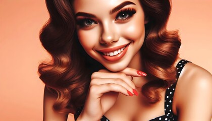 Fototapeta premium pin up girl smiling, beautiful vintage classic style woman with a smile on her face, peach pink backdrop
