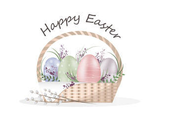 Decorated Easter eggs in the basket, Happy Easter concept, basket decorated with spring flower, flat vector illustration